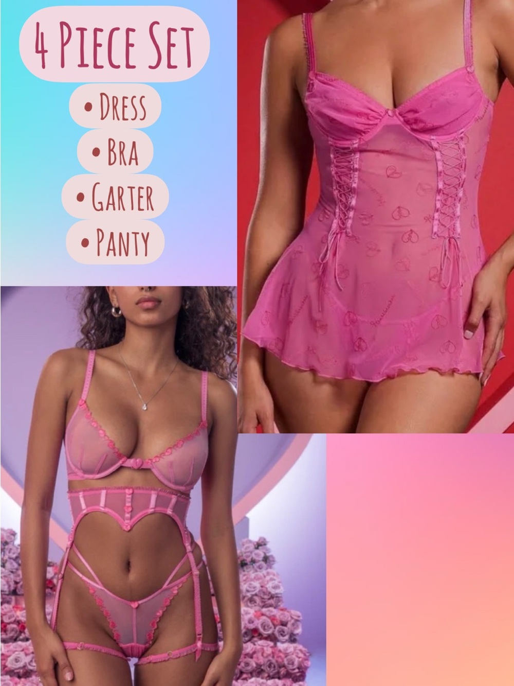 Voight Heartbreaker 4 Piece Pink Sheer Dress Bra Panty Garter Set in Medium NWT